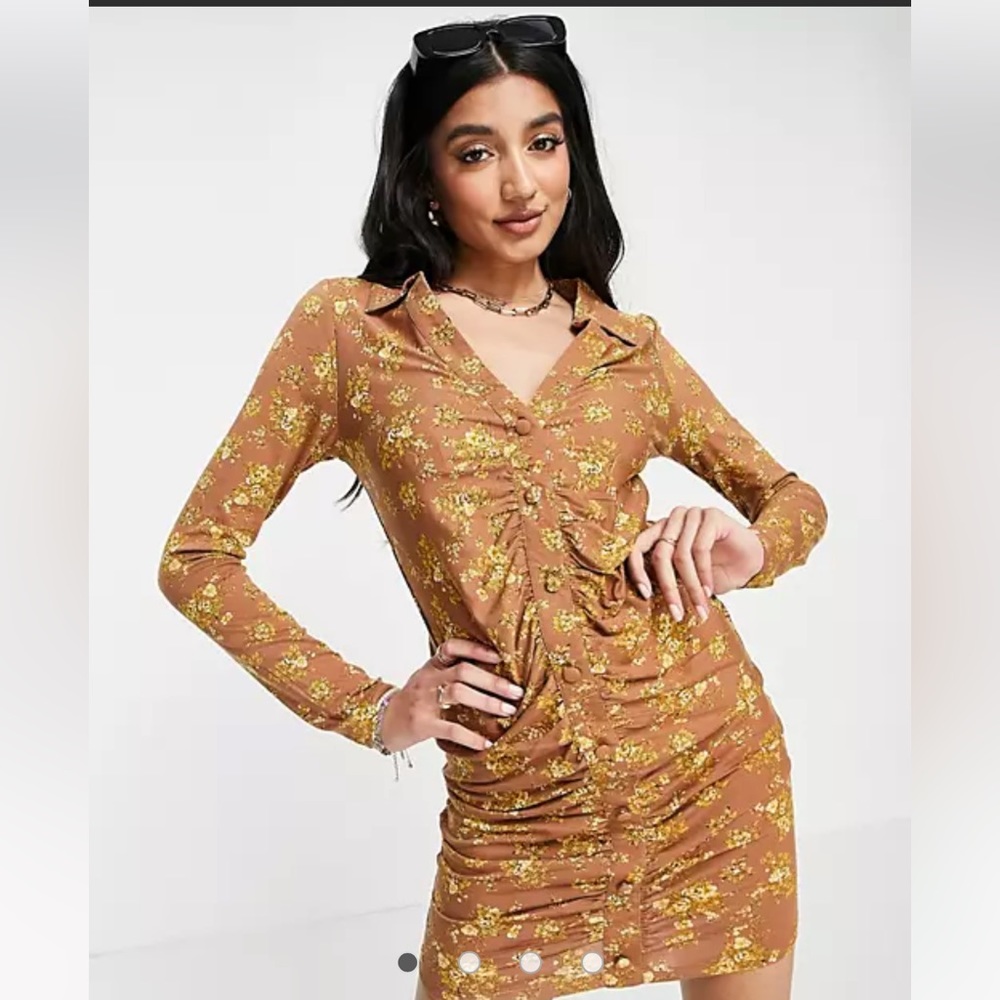 ASOS DESIGN mini shirt dress with ruching in mustard floral print